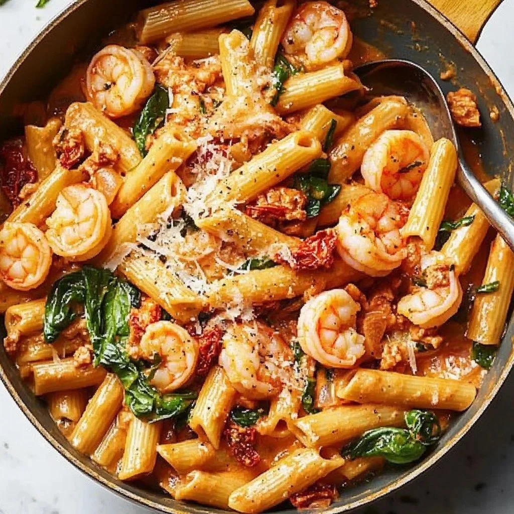 Delicious shrimp pasta dish garnished with herbs and served on a plate