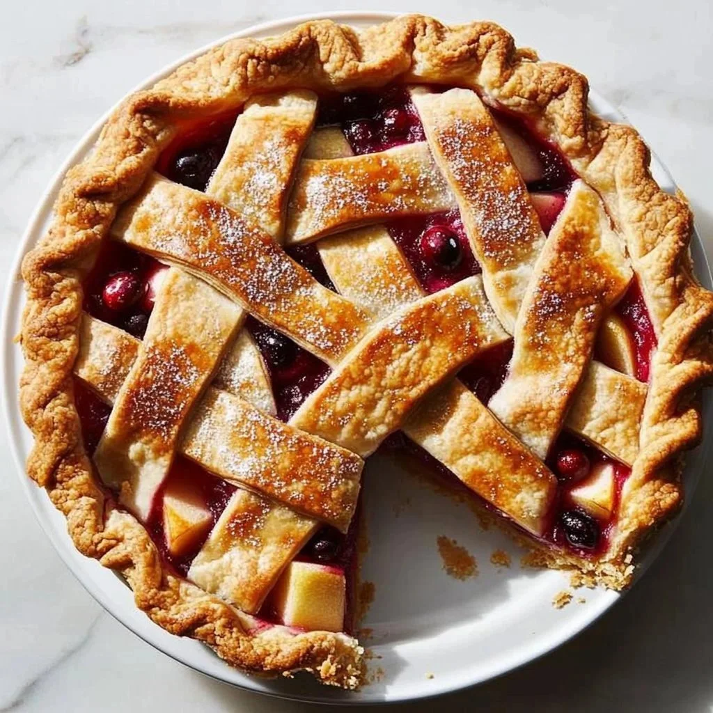 Deliciously baked Autumn Cranberry Apple Pie slice on a plate.