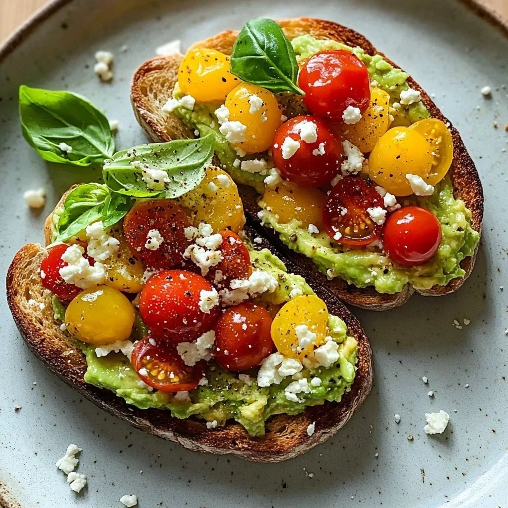 Avocado toast topped with feta cheese and fresh tomatoes on a wooden board