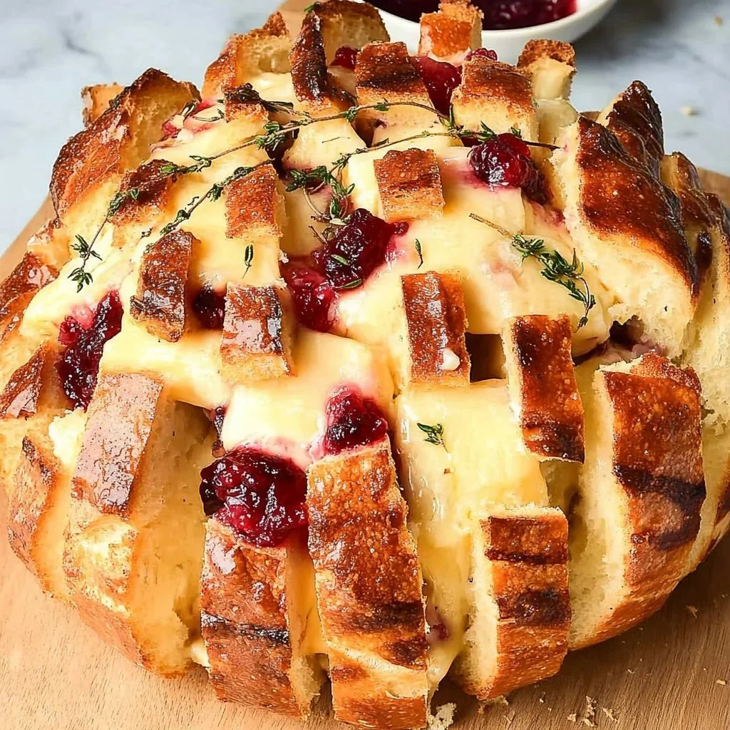 Baked Cranberry Brie Pull-Apart Loaf served on a rustic wooden board