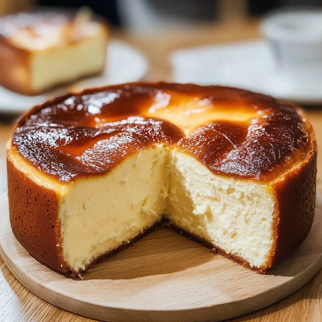 Creamy Basque Cheesecake made in a loaf pan, topped with caramelized edges.