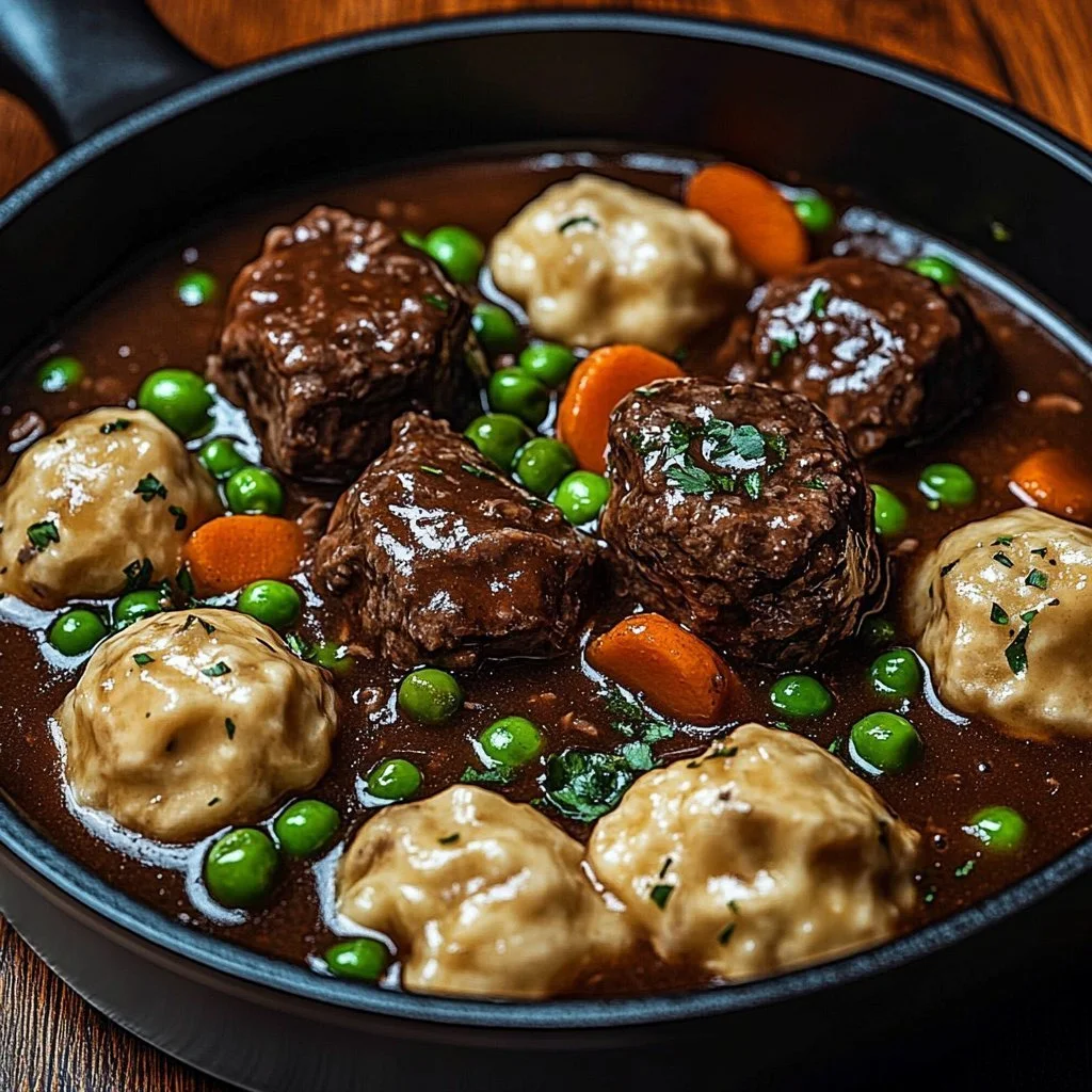 Hearty beef and dumplings dinner with tender meat and fluffy dumplings.
