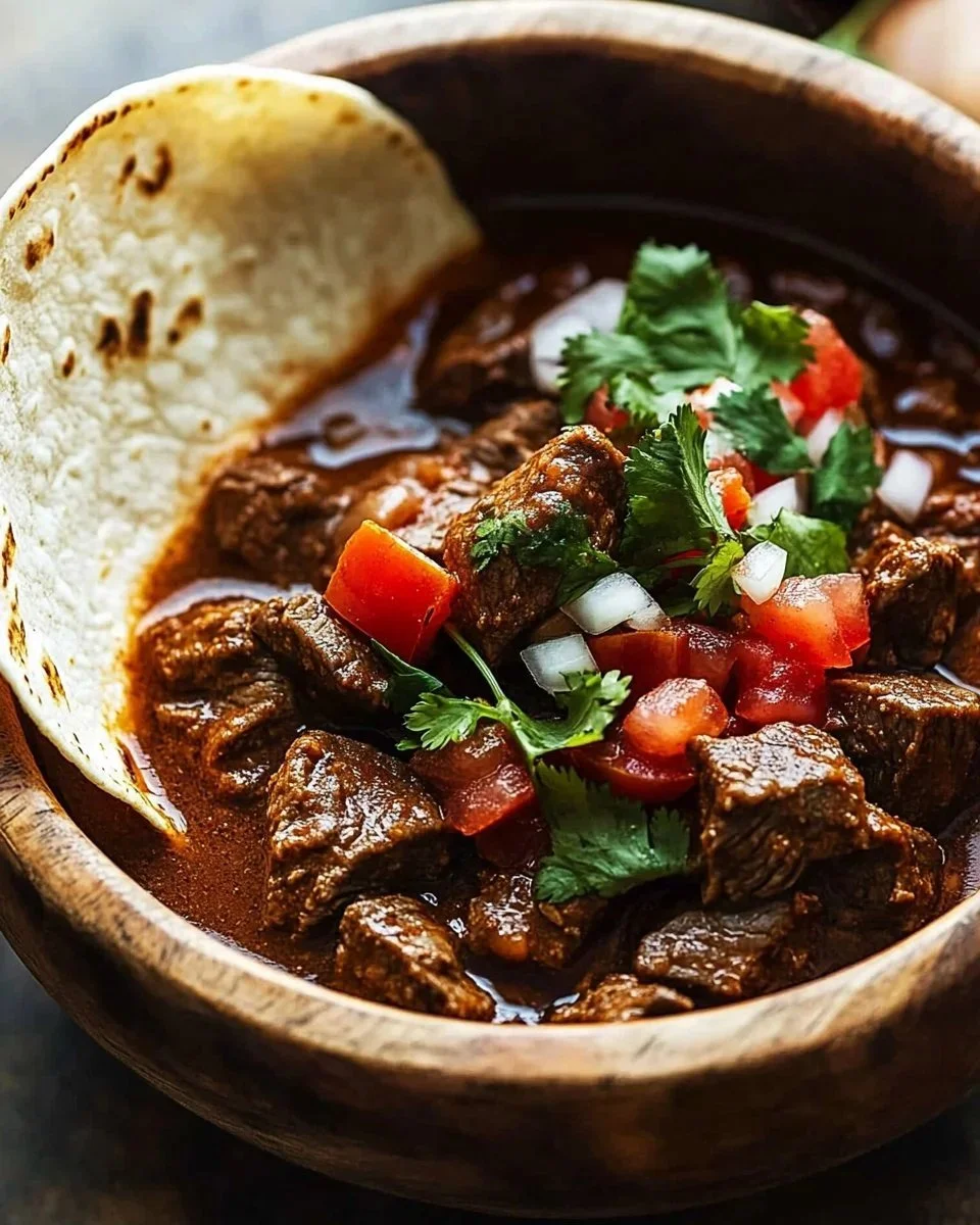 Delicious beef stew with tender beef chunks and vegetables in a rich broth