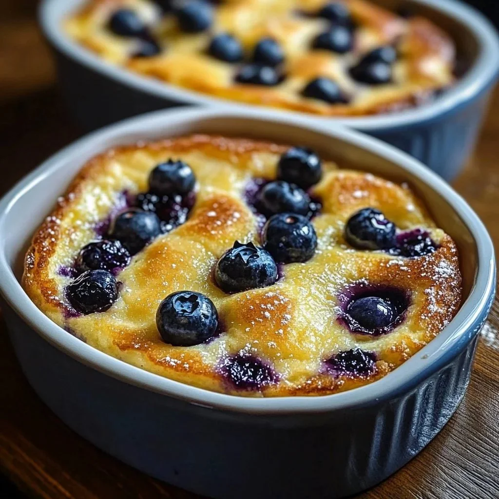 Blueberry pancake casserole with buttermilk served in a baking dish