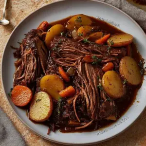Brisket braised in apple cider served with vegetables