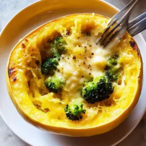 Delicious Broccoli Cheddar Spaghetti Squash Bake with fresh ingredients.