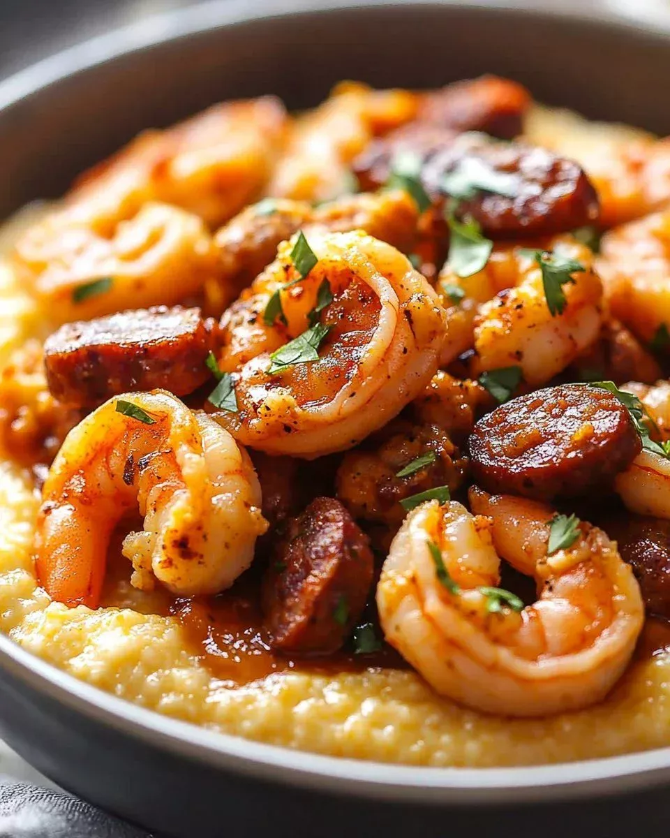 Delicious Cajun shrimp served on a bed of creamy Andouille grits