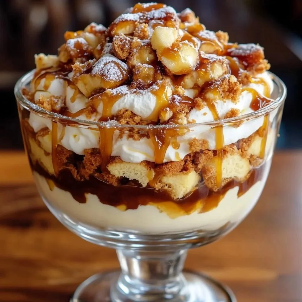 Delicious Caramel Apple Cream Trifle with layers of caramel and apples