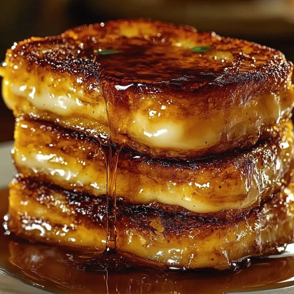 Delicious Caramel Brulee French Toast topped with caramel and whipped cream.