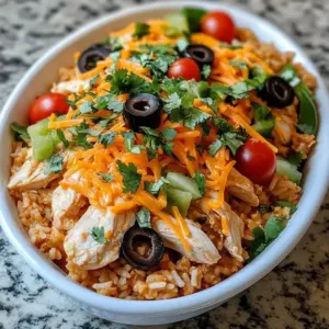 Cheesy Chicken Enchilada Rice Casserole served in a baking dish
