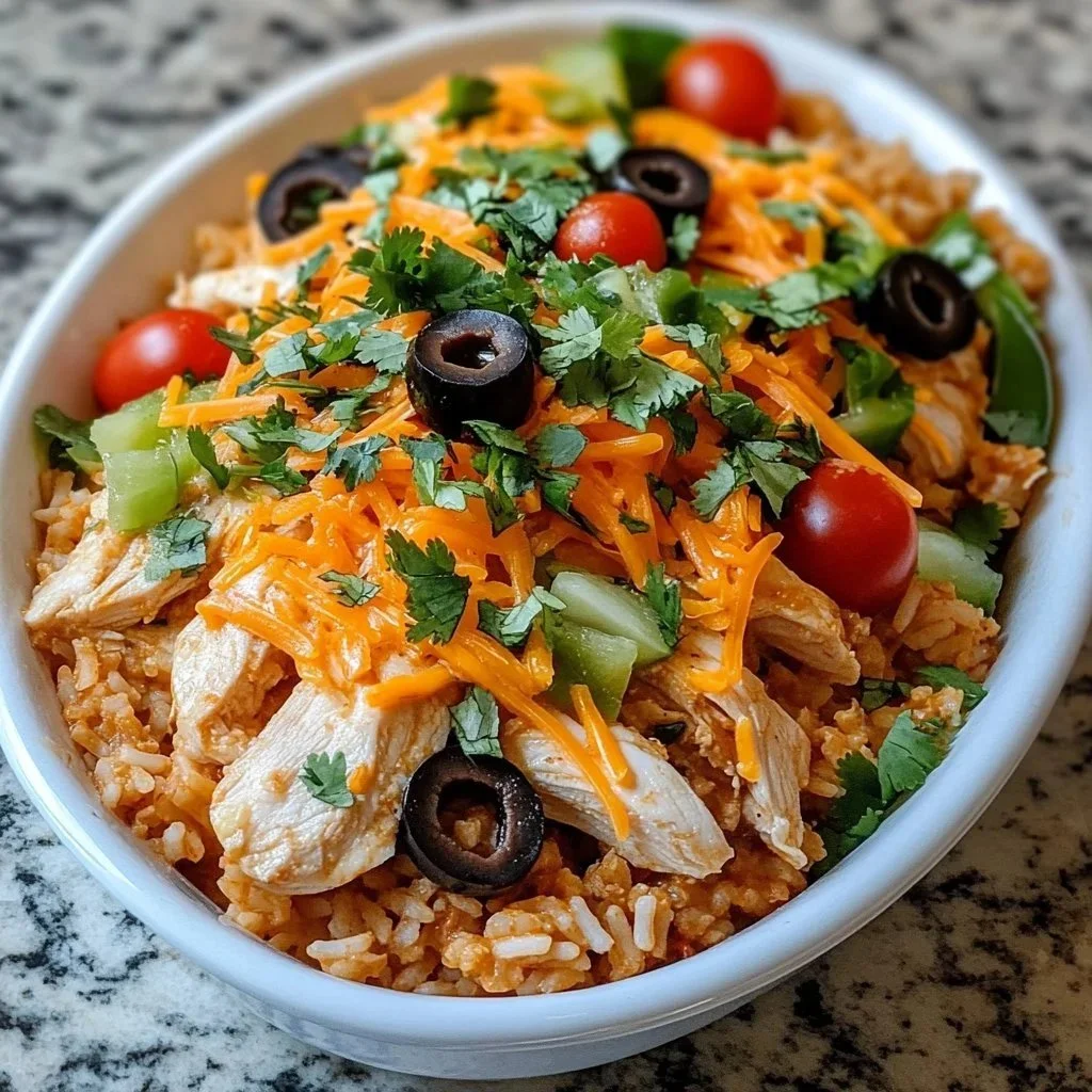 Cheesy Chicken Enchilada Rice Casserole served in a baking dish