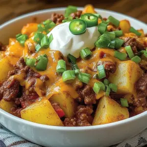 Cheesy Chili Potato Skillet topped with melted cheese and herbs in a skillet.