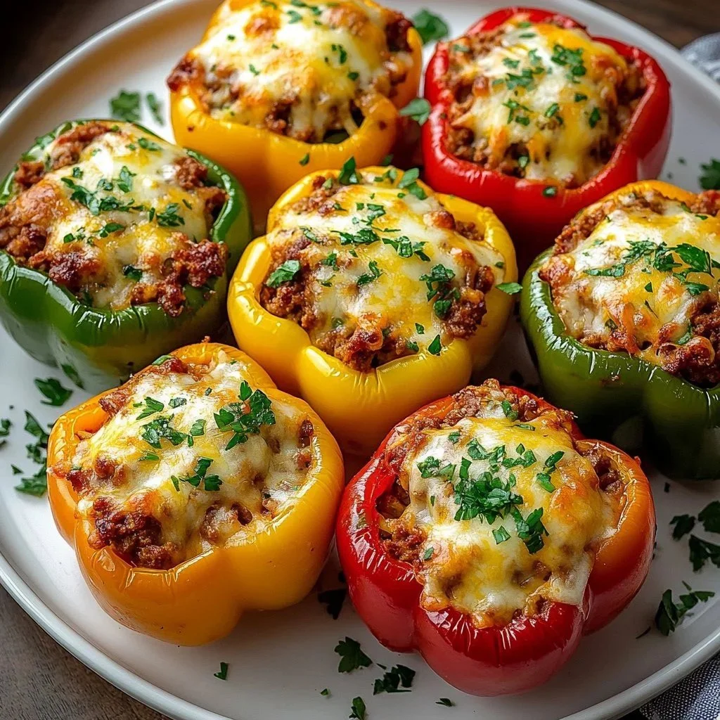 Cheesy stuffed pepper casserole topped with melted cheese and colorful peppers