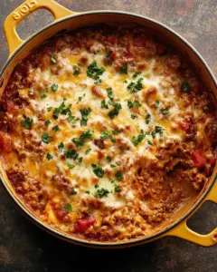 Cheesy stuffed pepper casserole topped with melted cheese and colorful peppers