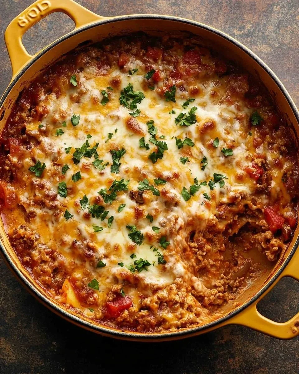 Cheesy stuffed pepper casserole topped with melted cheese and colorful peppers