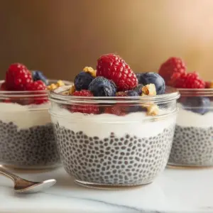 A bowl of creamy chia pudding topped with fresh fruits and nuts