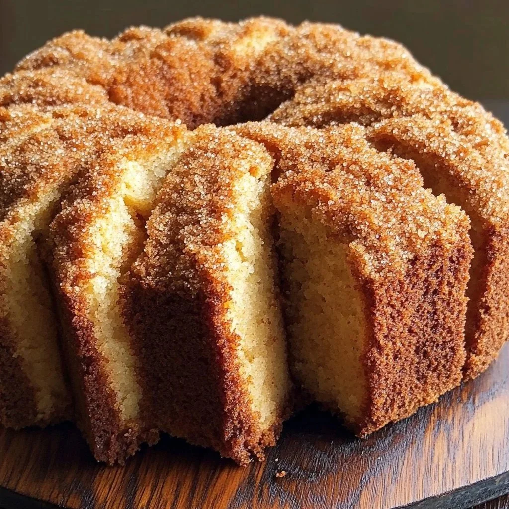 Delicious cider donut pound cake topped with cinnamon sugar.