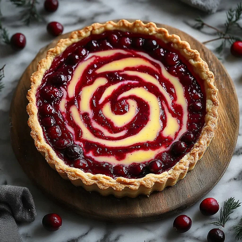 A delicious Citrus Cranberry Tart topped with fresh cranberries and citrus slices.