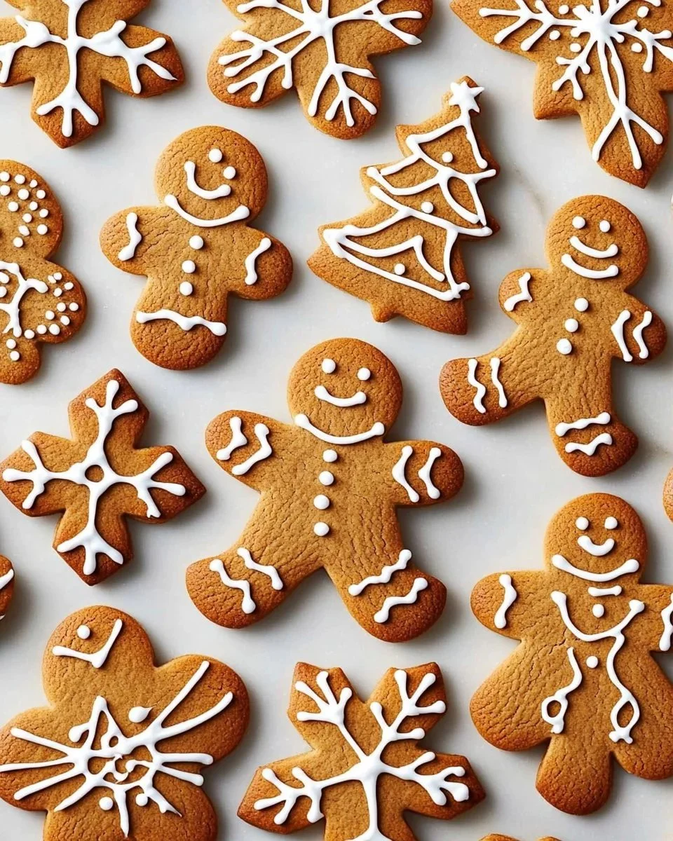 Plate of classic gingerbread cookies decorated with icing
