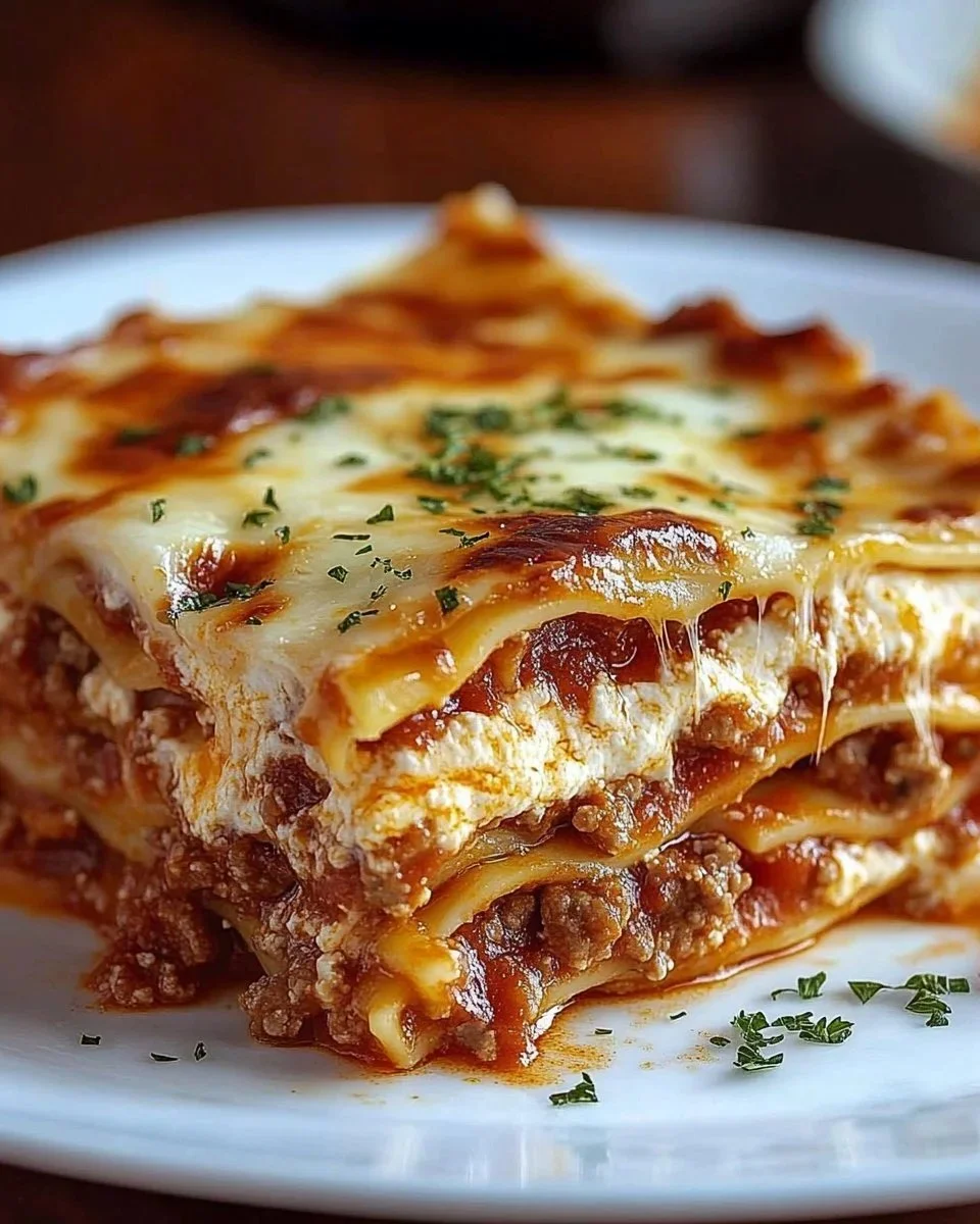 Delicious classic meat lasagna with layers of beef and cheese