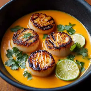 Bowl of Coconut Lime Spicy Soup garnished with lime and chili peppers