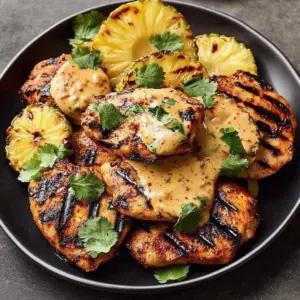 Coconut spiced grilled chicken garnished with fresh herbs and served on a plate.