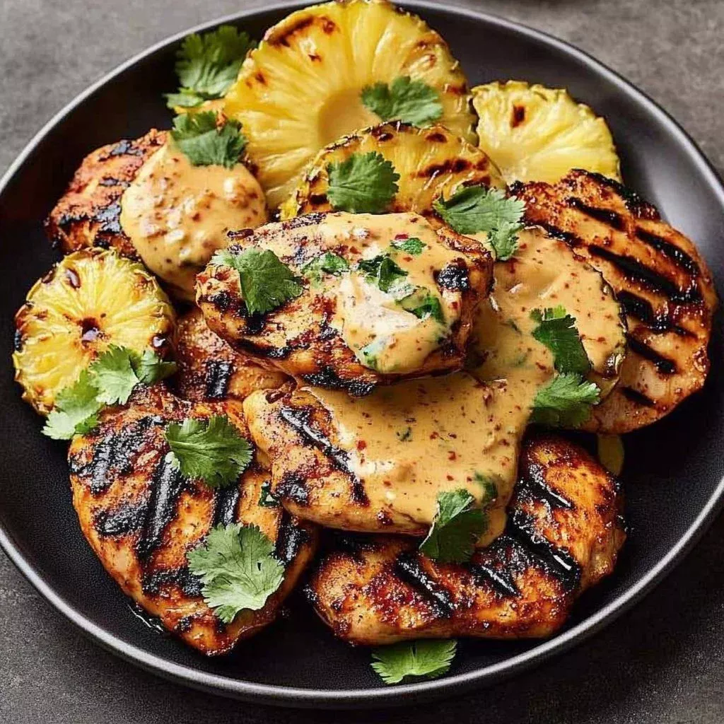 Coconut spiced grilled chicken garnished with fresh herbs and served on a plate.