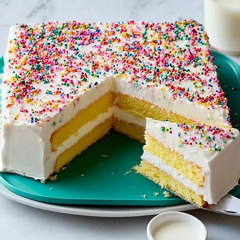 Homemade Costco sheet cake decorated with frosting and sprinkles