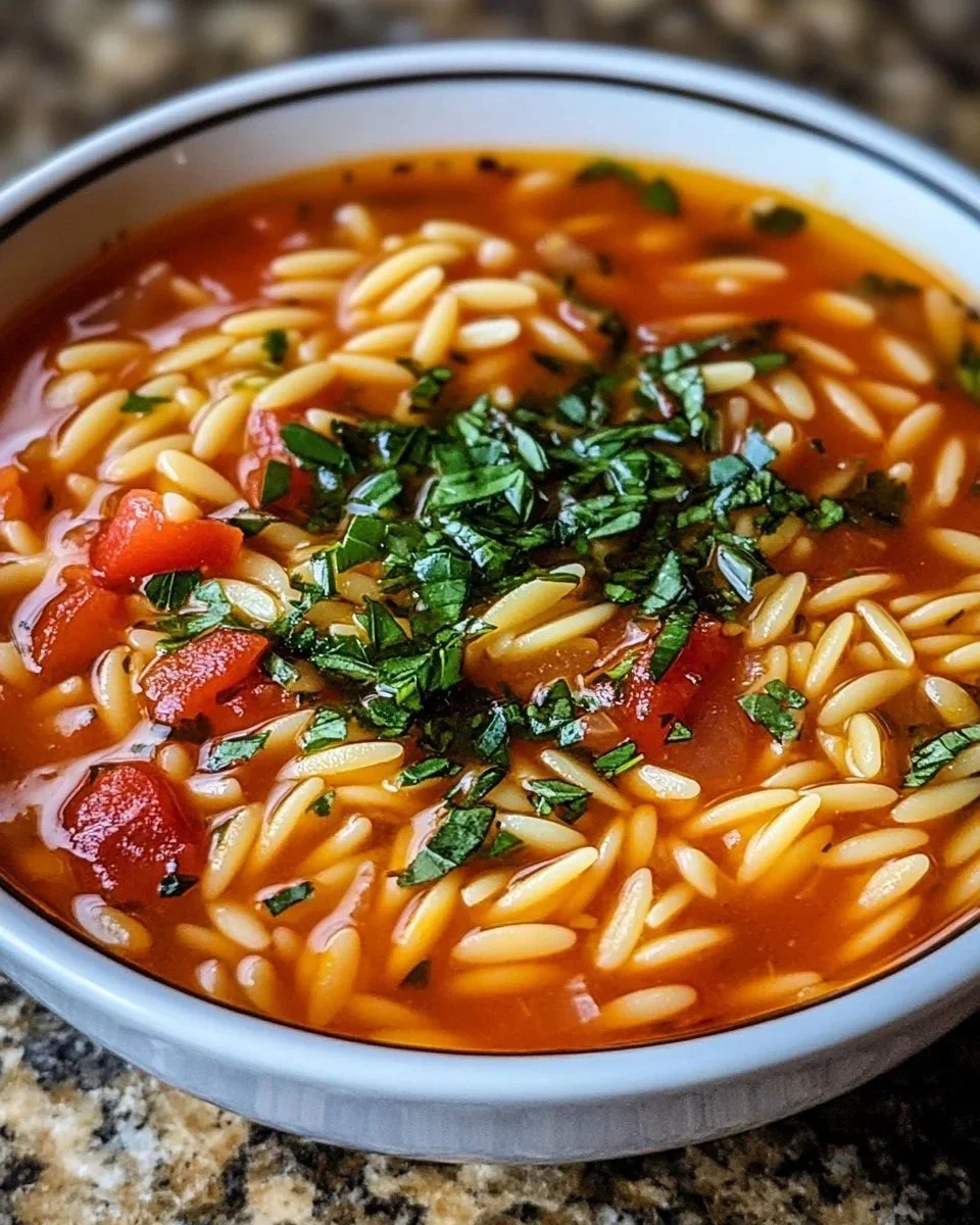 Bowl of cozy tomato orzo soup garnished with fresh herbs