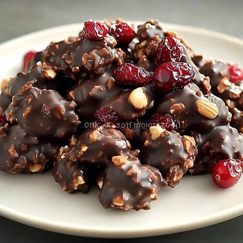 Cranberry almond chocolate bites on a wooden table