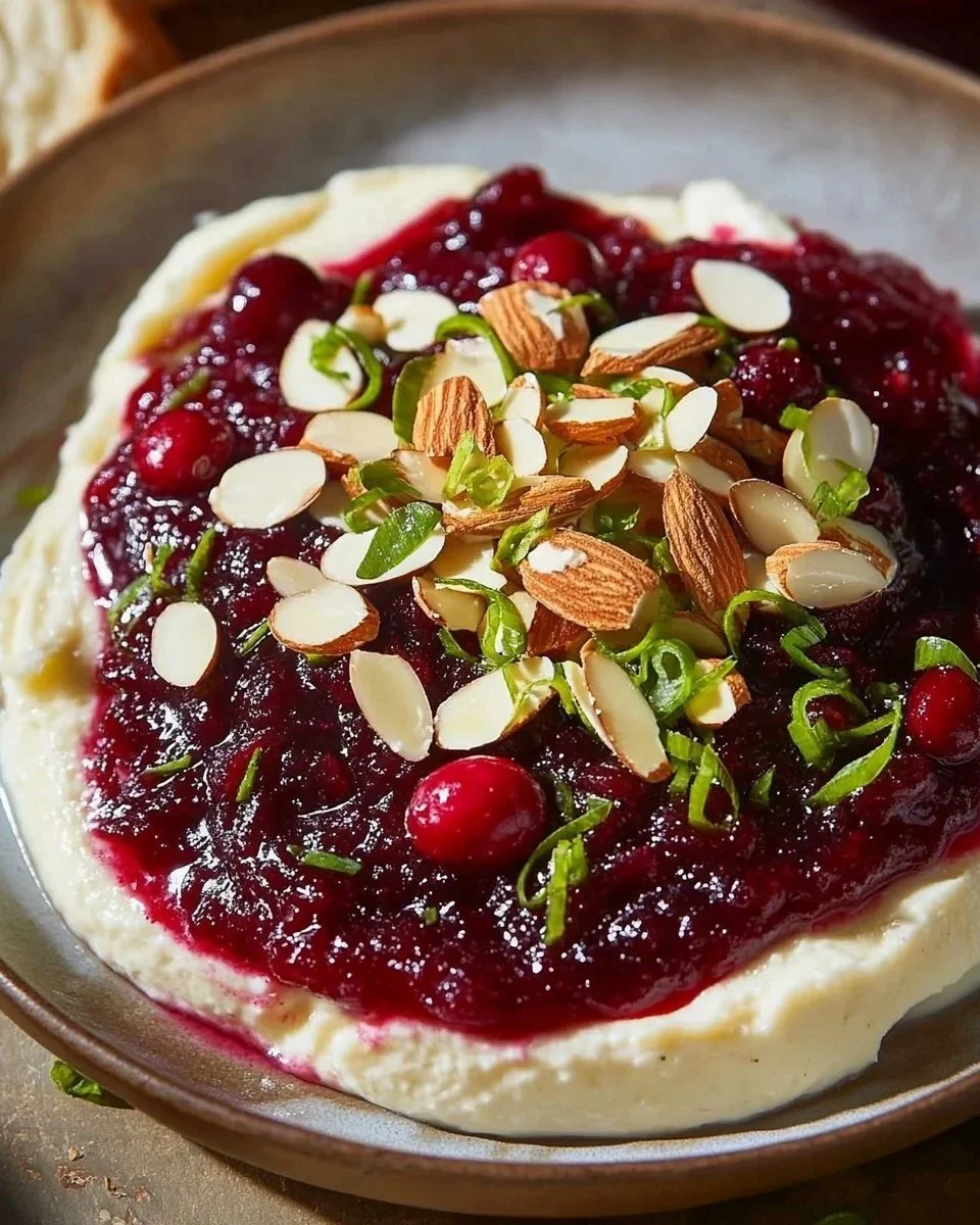 Cranberry Cream Cheese Spread served on a plate with crackers and fruits