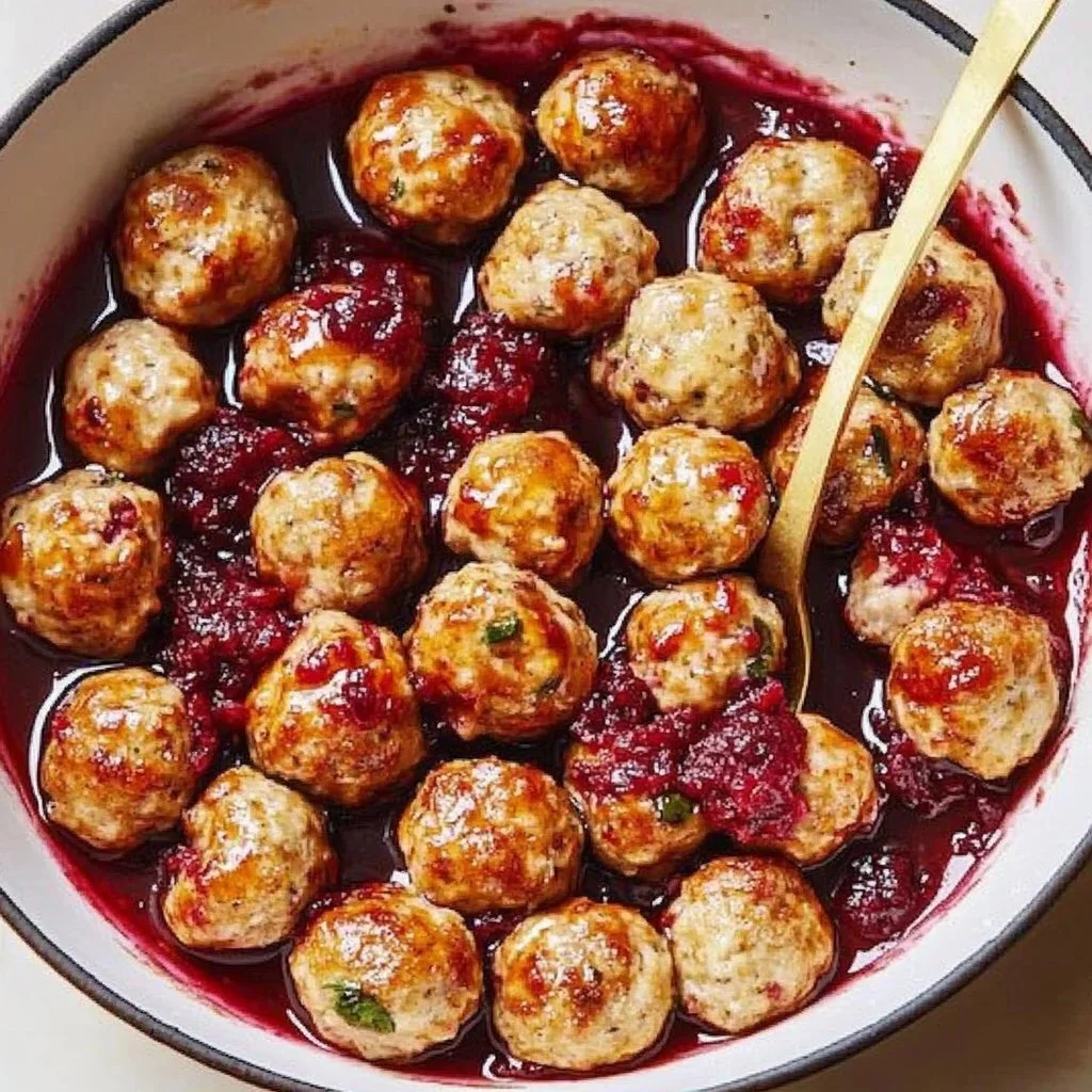 Cranberry-glazed turkey meatballs served on a plate with fresh herbs