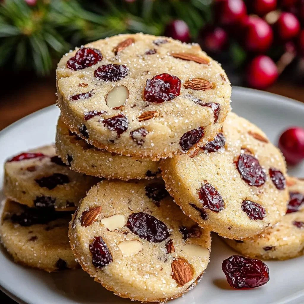 Cranberry Orange Shortbread cookies on a decorative plate