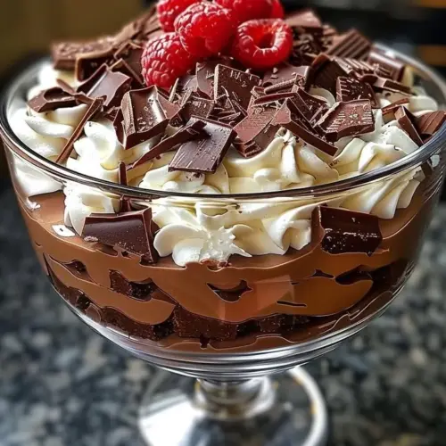Creamy chocolate Baileys cheesecake trifle topped with whipped cream and chocolate shavings.