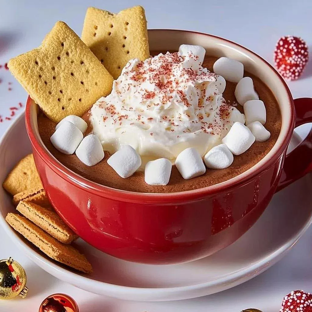 Creamy hot cocoa dip served with marshmallows and chocolate sprinkles