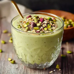 Bowl of creamy pistachio overnight oats topped with nuts and fresh fruit
