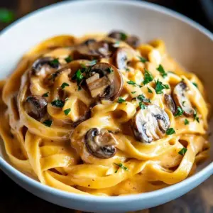 A delicious creamy pumpkin pasta served in a bowl, garnished with herbs.