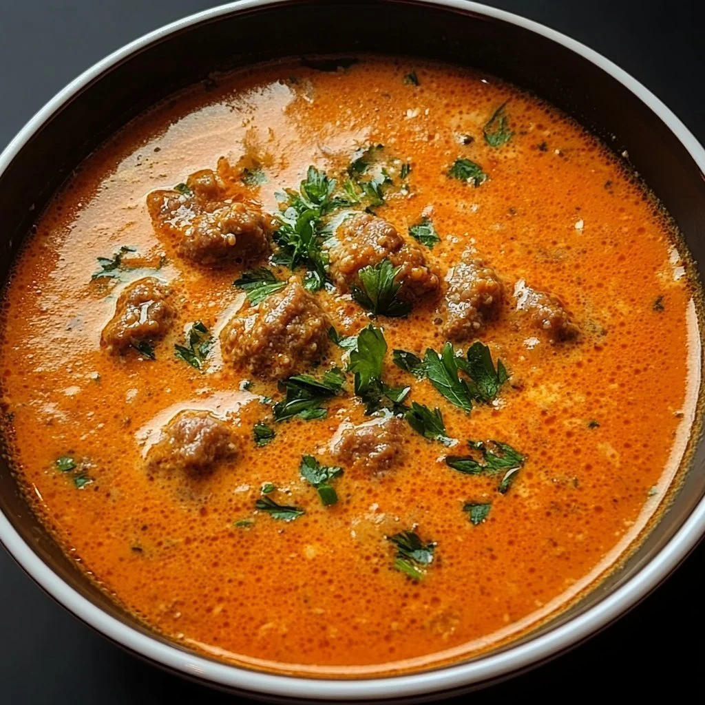 Bowl of creamy sausage tomato soup garnished with herbs and served hot