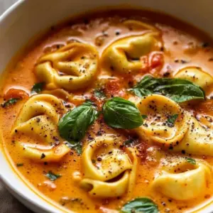 Creamy Tomato Tortellini Soup garnished with fresh basil and parmesan cheese