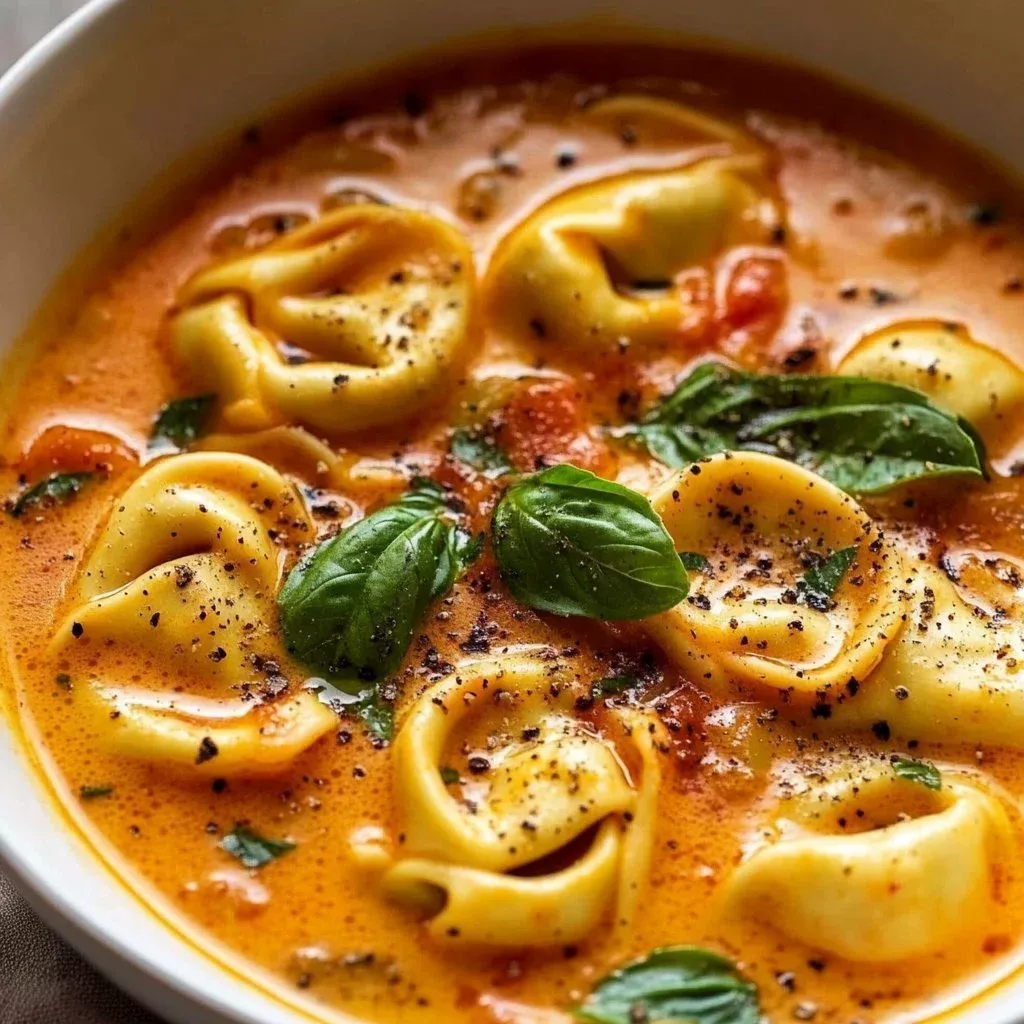 Creamy Tomato Tortellini Soup garnished with fresh basil and parmesan cheese