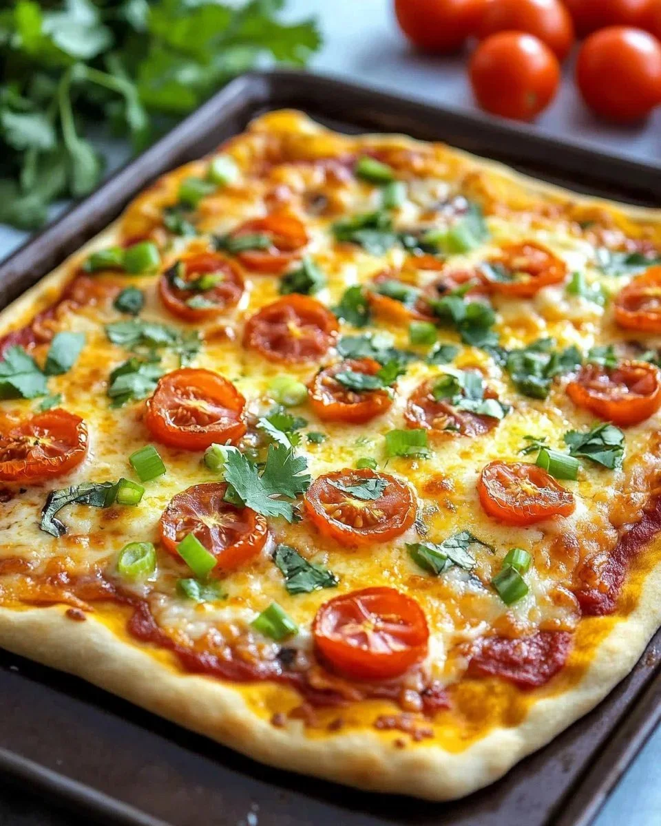 Crescent Roll Taco Pizza topped with fresh ingredients and melted cheese