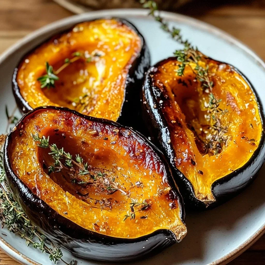 Crispy air fryer acorn squash served on a plate with herbs and spices