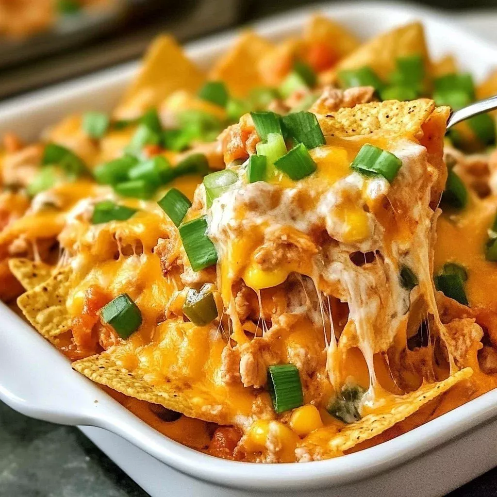 Delicious Crispy Chicken Nachos Bake topped with melted cheese and jalapeños