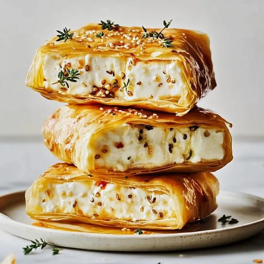 Crispy feta pocket pastries fresh out of the oven, golden and flaky.