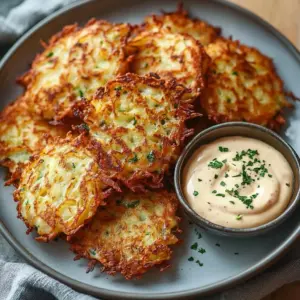 Crispy German potato pancakes served on a plate with dipping sauce