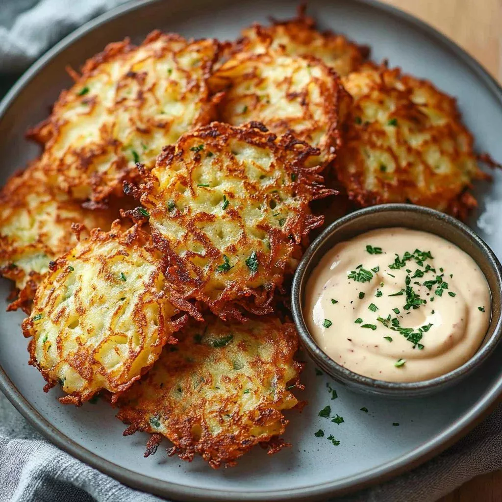 Crispy German potato pancakes served on a plate with dipping sauce