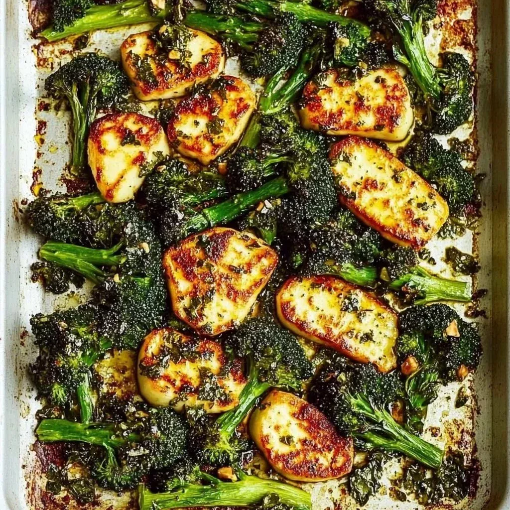Sheet pan with crispy halloumi and roasted broccolini, perfect for a healthy meal.