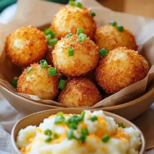 Golden crispy mashed potato bites served on a plate with dipping sauce
