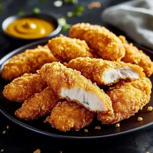 Crispy ranch-style chicken strips on a plate with dipping sauce