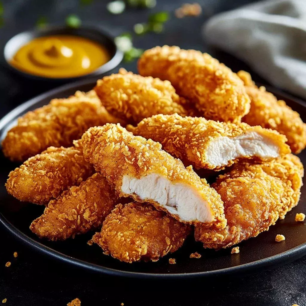 Crispy ranch-style chicken strips on a plate with dipping sauce